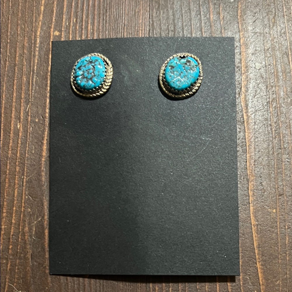 Turquoise Stone Silver-Trim Stud Earrings - Blue